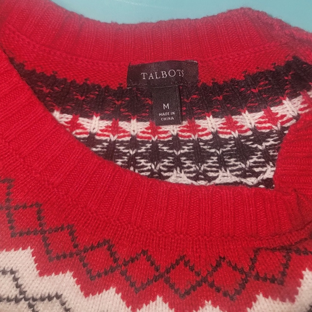 Talbots Red Fair Isle Snowflake Crewneck Sweater Womens Medium Cotton Merino - Picture 4 of 6